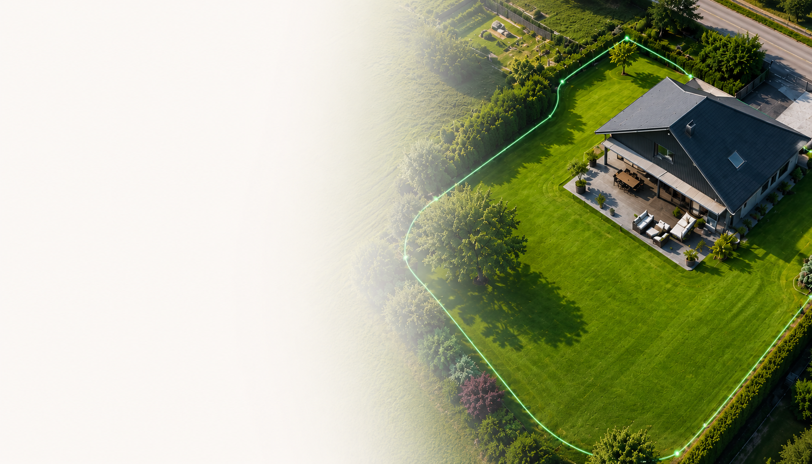 Vue aérienne d’une maison avec jardin analysé par Gazonio
